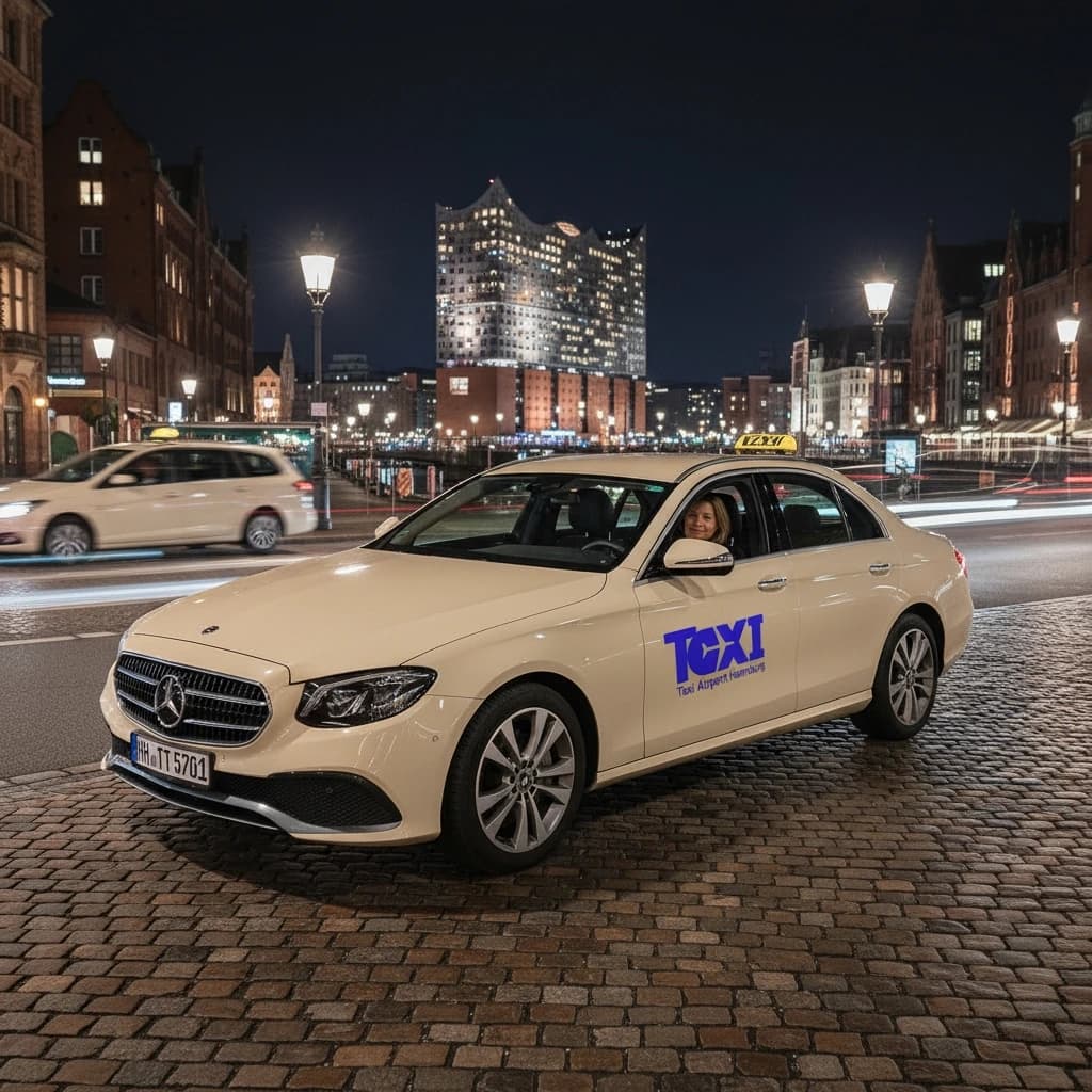 Helles Taxi am Abend auf Kopfsteinpflaster, dahinter die beleuchtete Elbphilharmonie