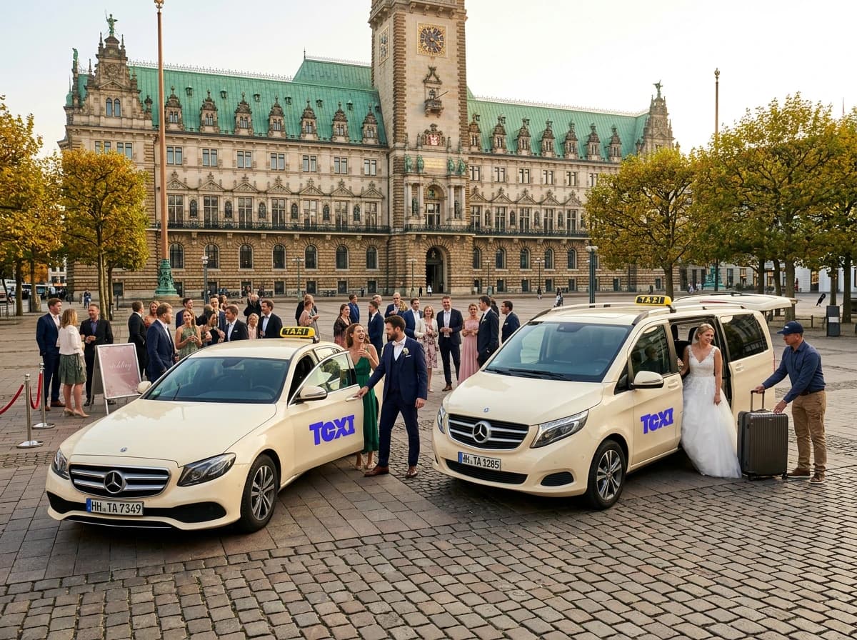 Eine festlich gekleidete Gruppe vor dem Hamburger Rathaus steigt in ein helles Taxi und einen Großraumwagen, ein Fahrer trägt einen Koffer