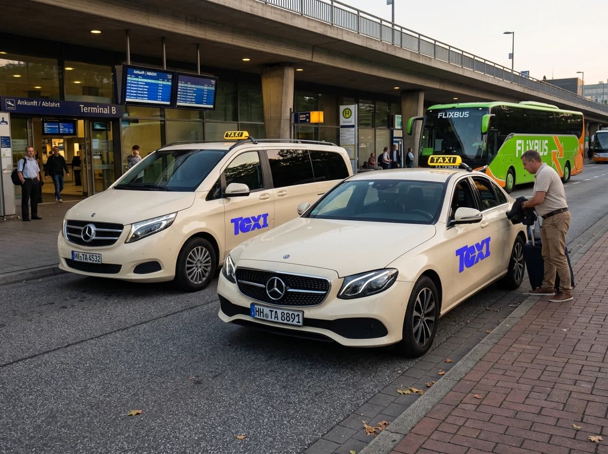 Helles Taxi und Großraumwagen an einer Vorfahrt, ein Fahrer lädt Gepäck ein, im Hintergrund ein Fernbus