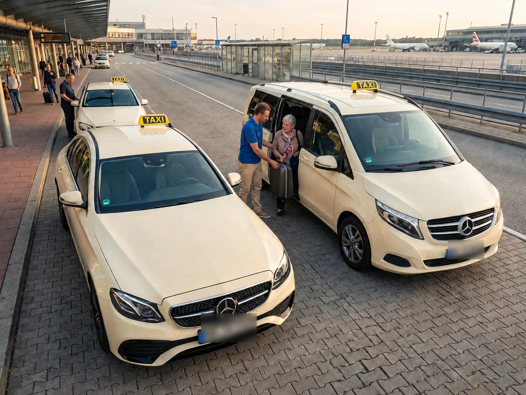 Zwei helle Taxis am Bordstein, eine Limousine und ein Großraumwagen; ein Mann hilft einer älteren Frau mit dem Koffer beim Einsteigen