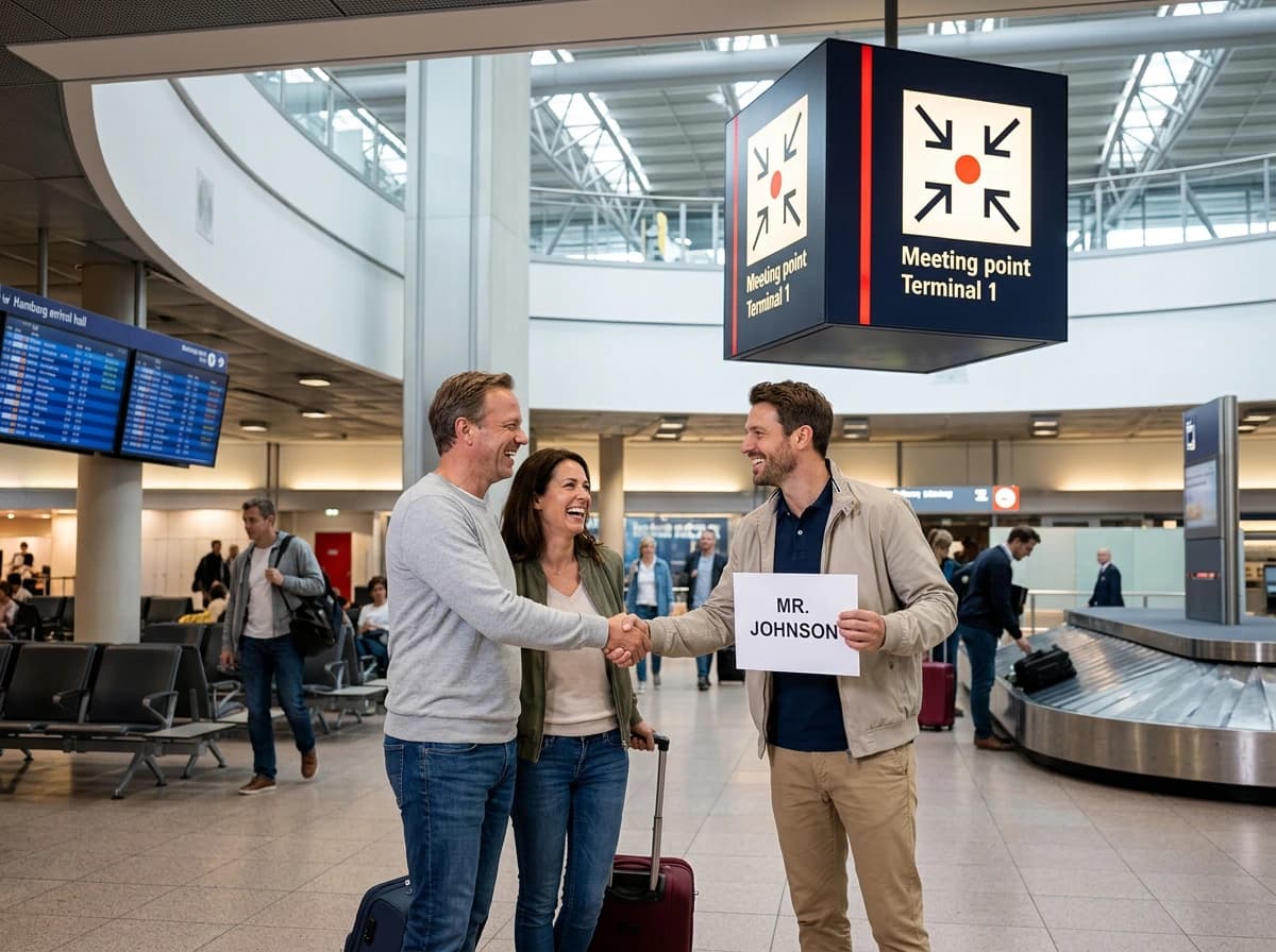 Ankunftshalle am Flughafen: Ein Fahrer mit Namensschild begrüßt ein Paar mit Rollkoffern per Handschlag