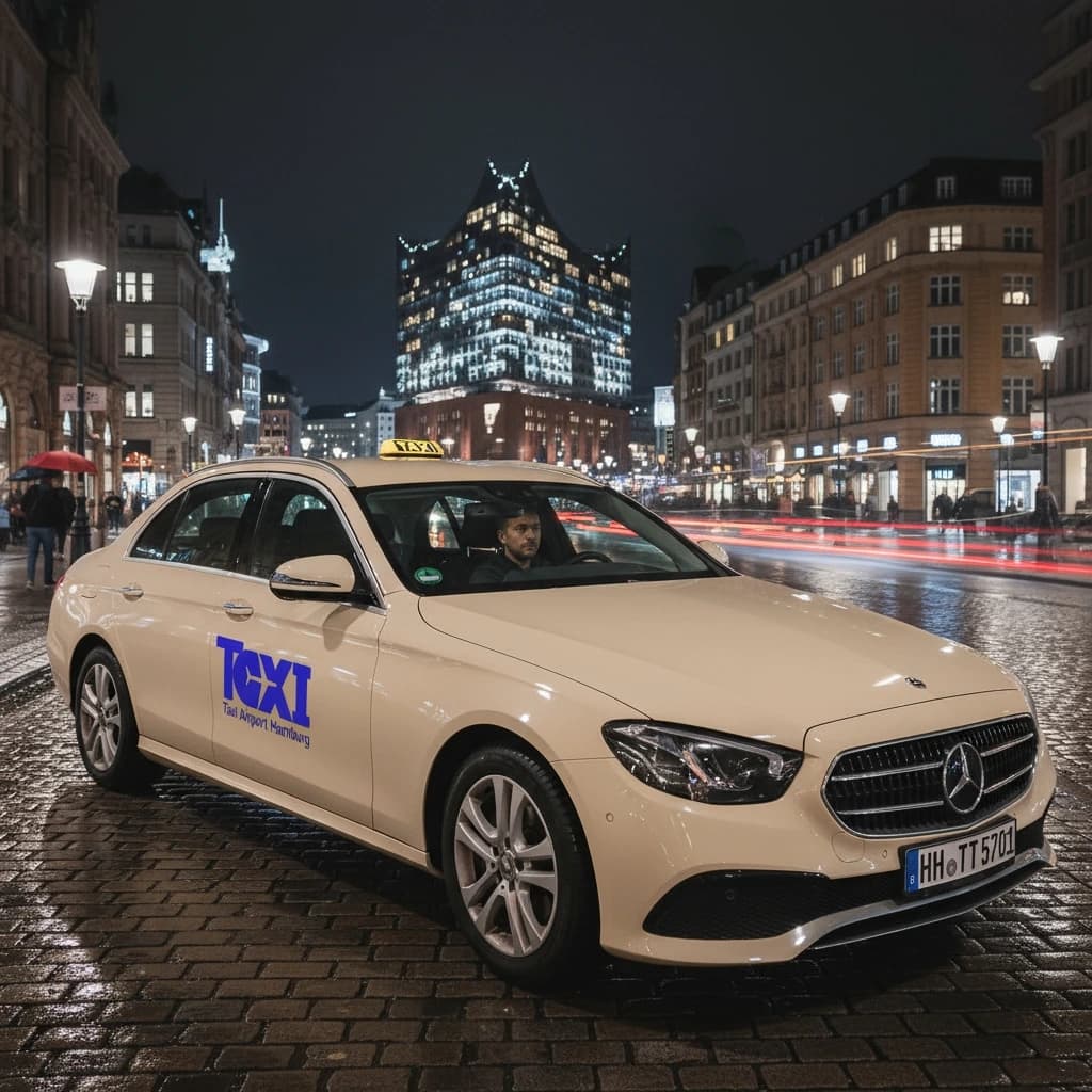Helles Taxi bei Nacht auf nassem Pflaster in der Hamburger Innenstadt, im Hintergrund die Elbphilharmonie