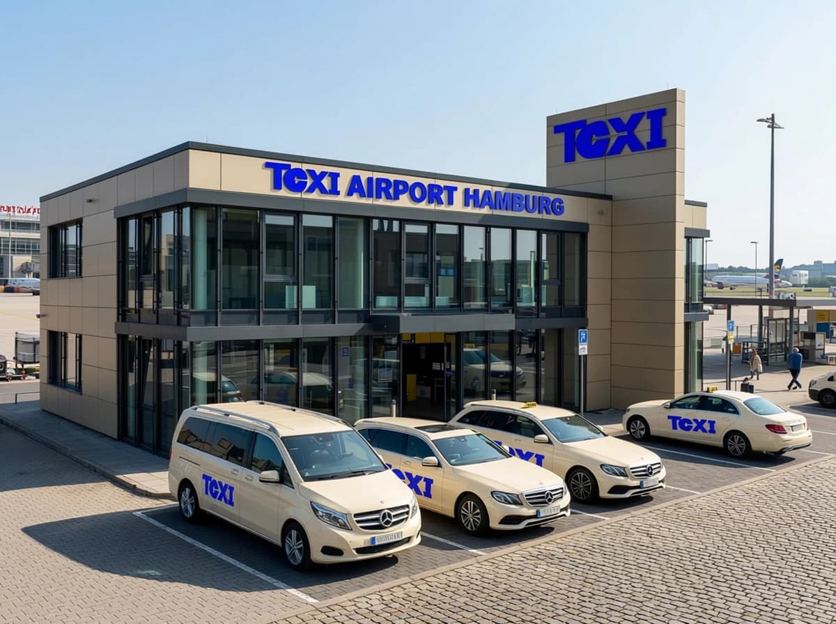 Bürogebäude mit Glasfassade, davor helle Taxis und ein Großraumwagen auf Parkplätzen