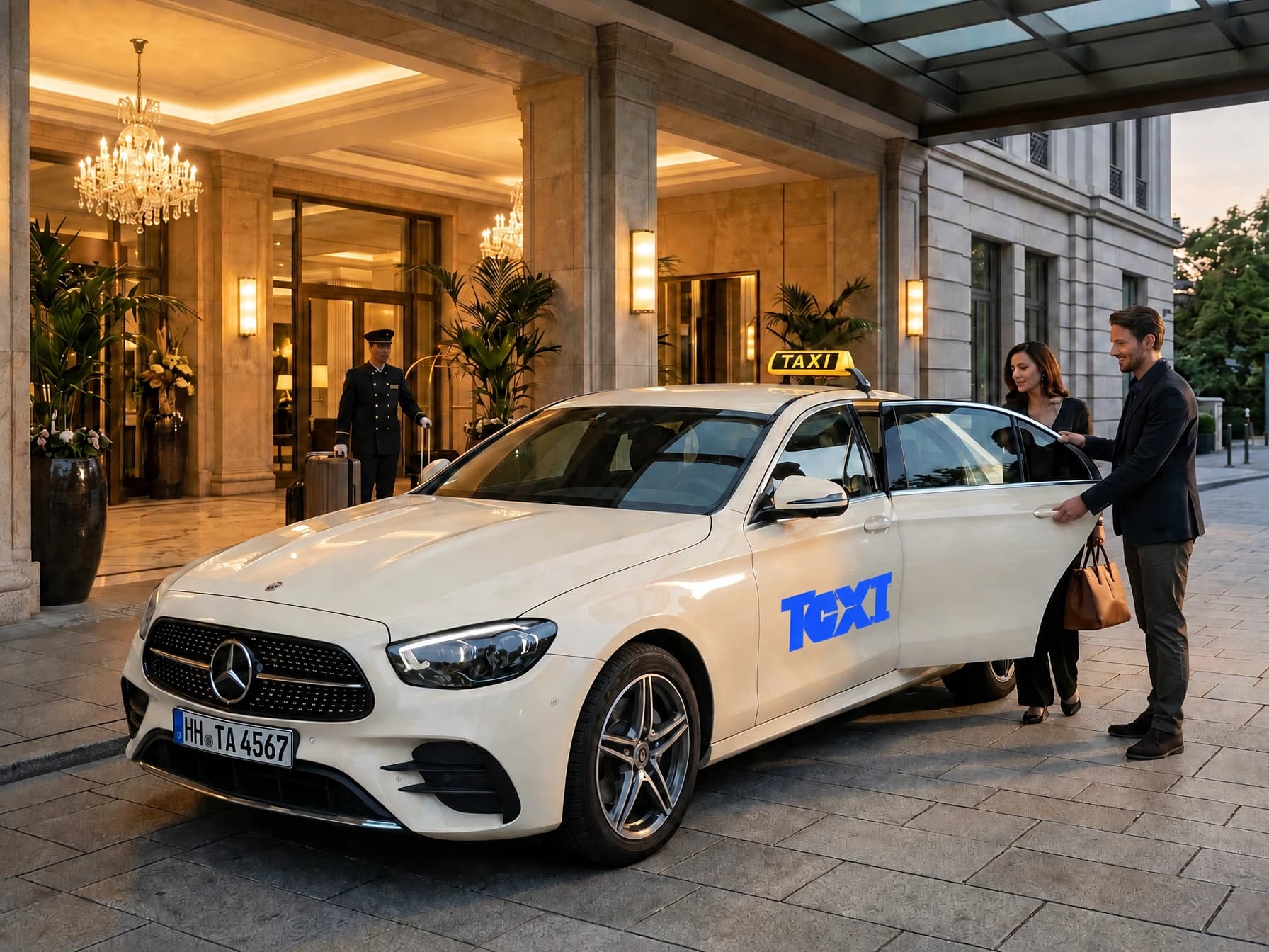 Hotelvorfahrt am Abend: Ein Fahrer öffnet einem Paar die Tür eines hellen Taxis, im Eingang ein Portier mit Koffer