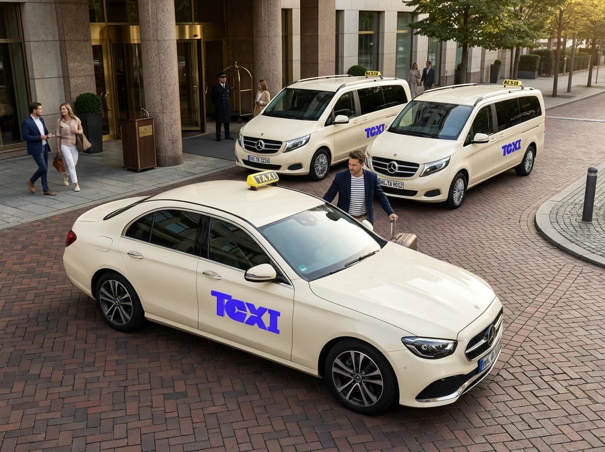 Helles Taxi und zwei Großraumwagen vor einem Geschäftshaus, ein Fahrer mit Rollkoffer, Geschäftsleute auf dem Gehweg