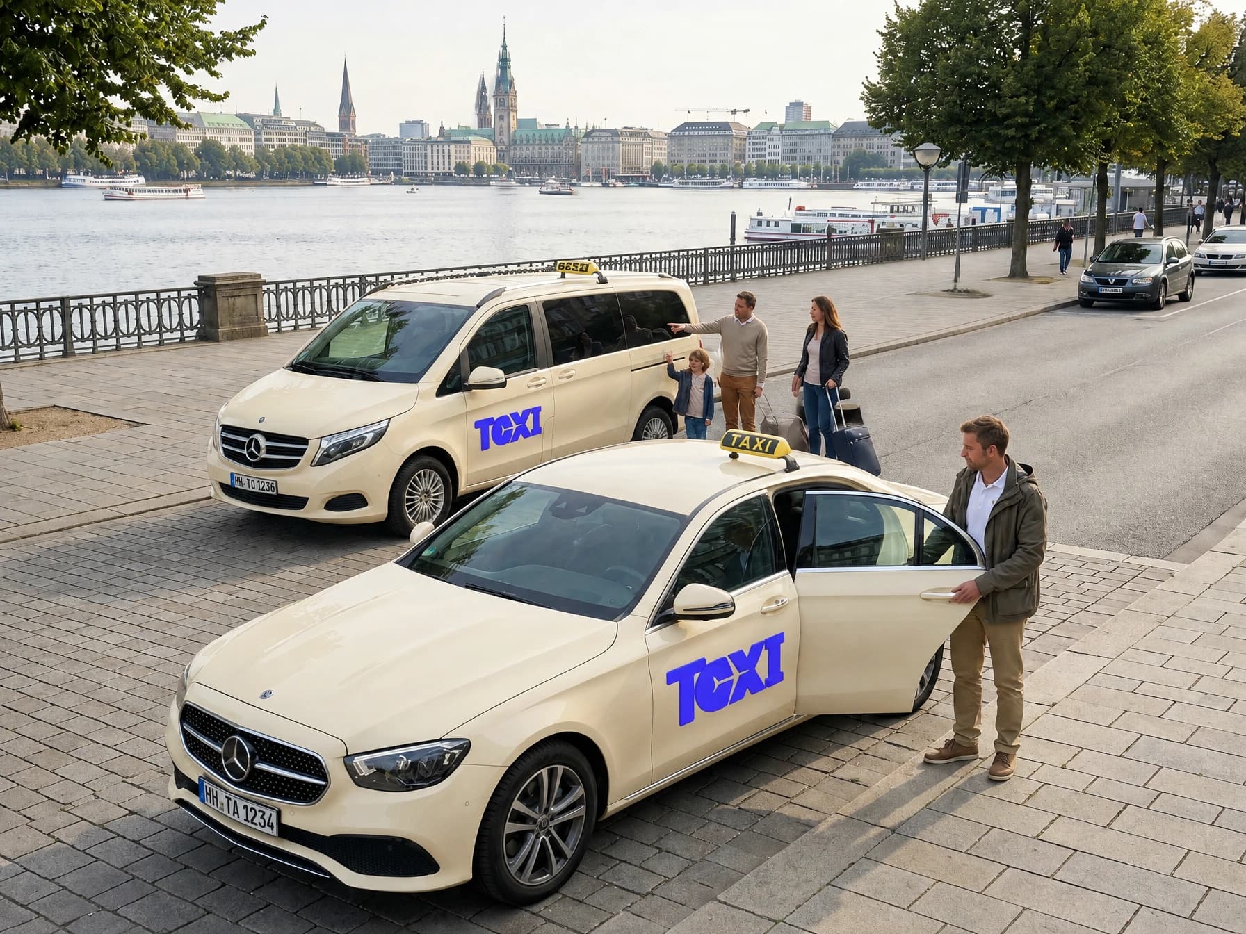 Helles Taxi und Großraumwagen an der Alster, eine Familie mit Kind und Gepäck steigt ein, dahinter die Hamburger Innenstadt