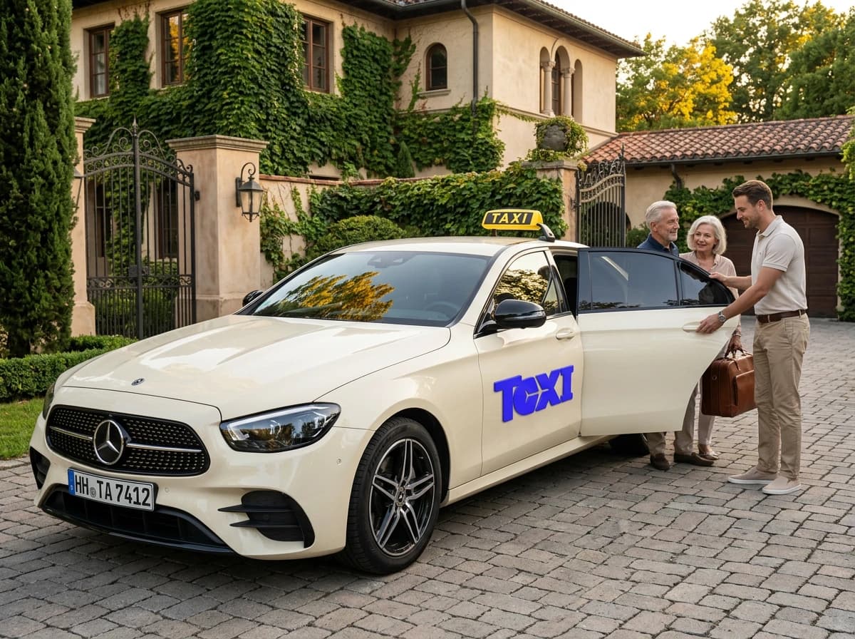 Ein Fahrer hält einem älteren Paar mit Reisetasche die Tür eines hellen Taxis vor einem Wohnhaus auf