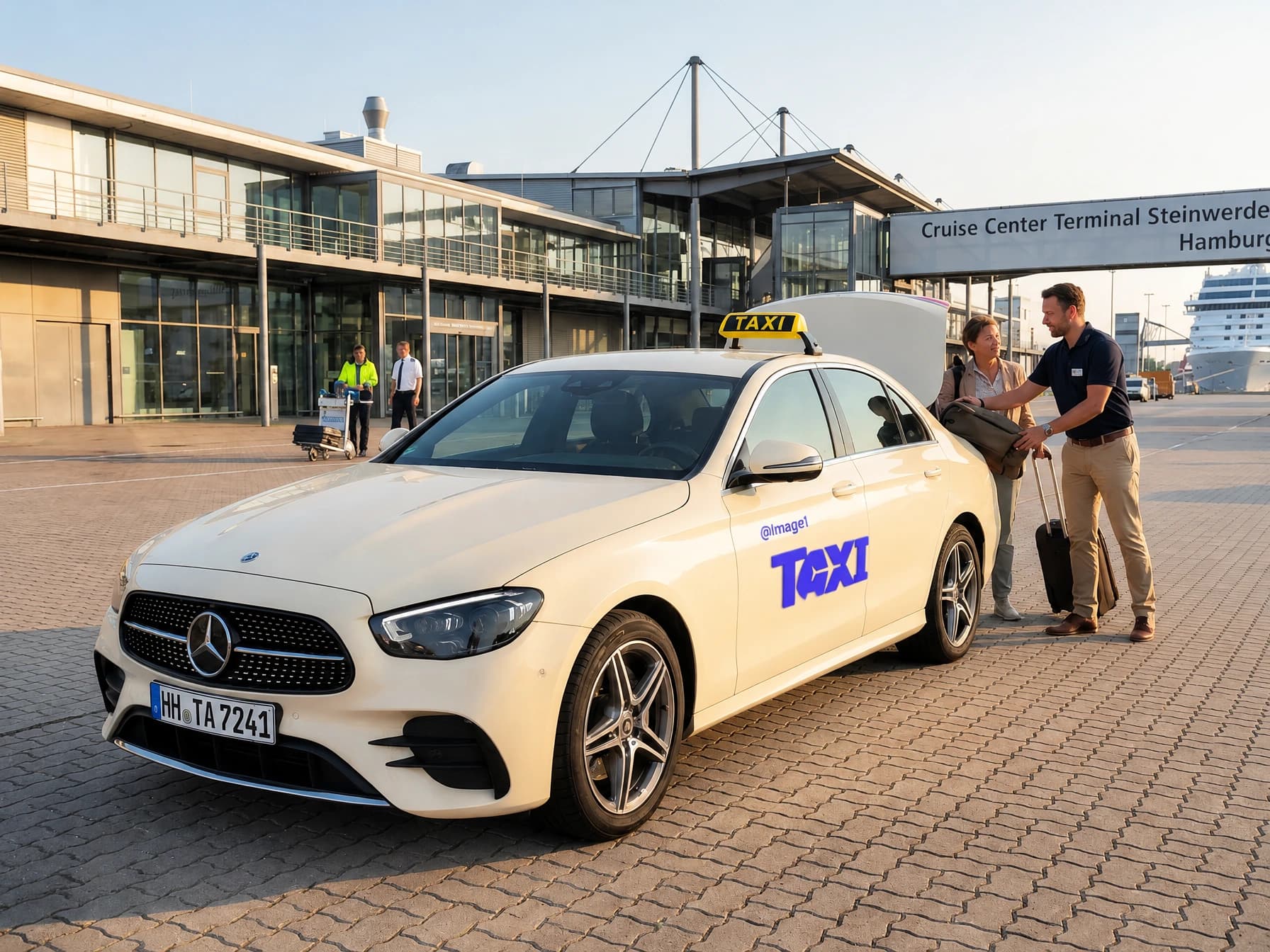 Helles Taxi vor dem Cruise Center Steinwerder in Hamburg, ein Fahrer nimmt einer Frau das Gepäck ab