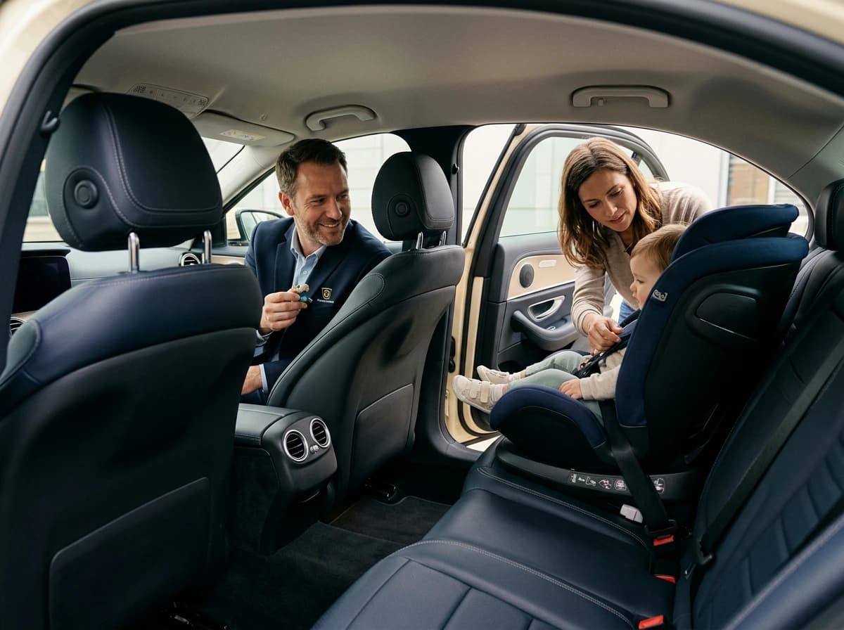 Eine Frau setzt ein Kind in den Kindersitz auf dem Rücksitz eines Taxis, vorne sitzt ein Mann