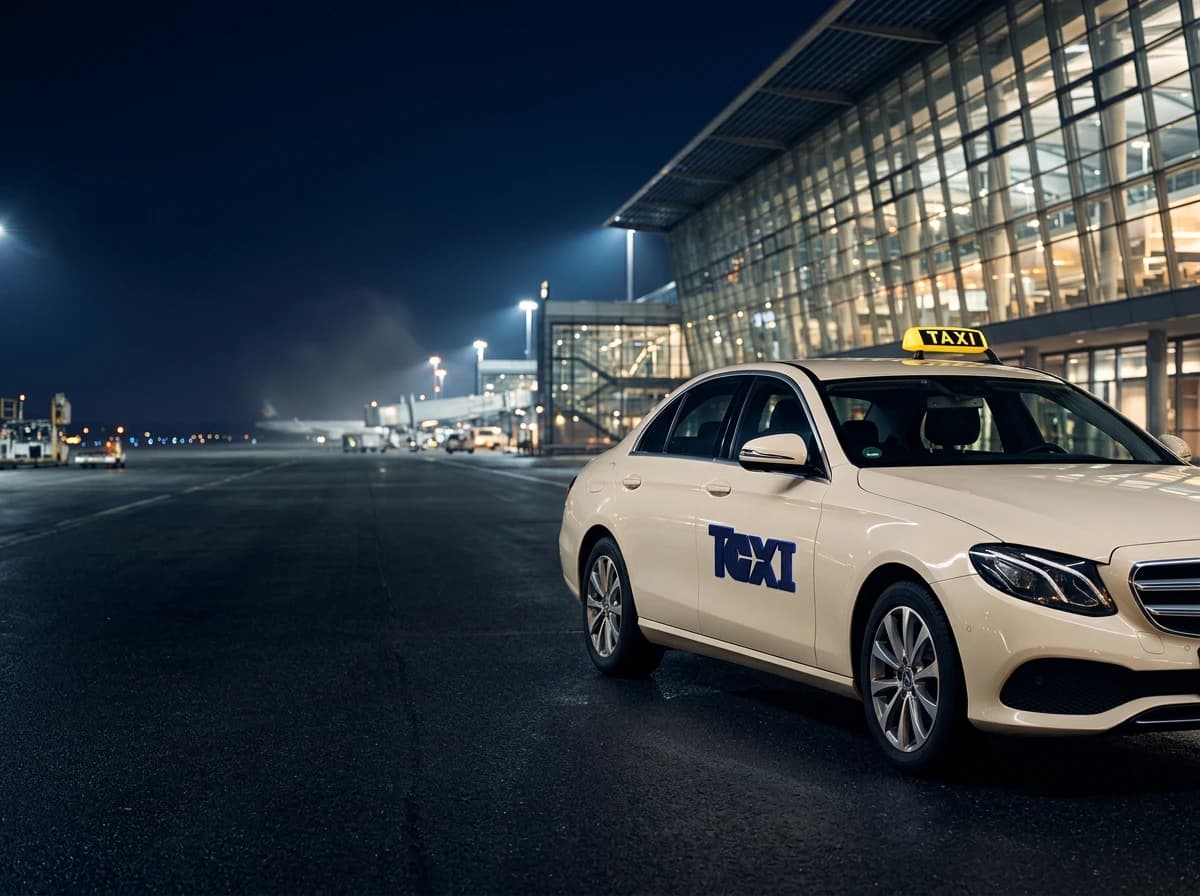 Helles Taxi auf dem Vorfeld vor einem beleuchteten Flughafenterminal bei Nacht
