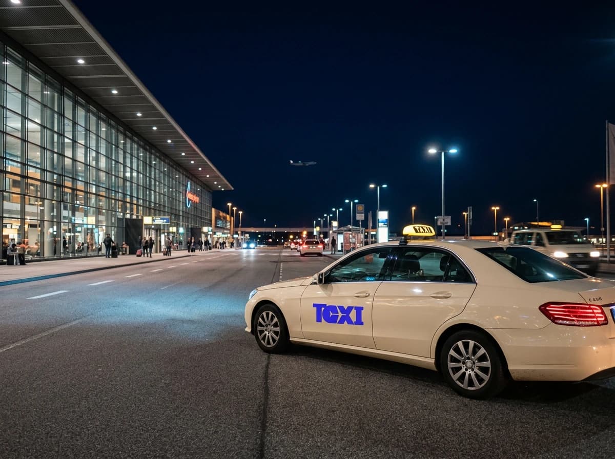 Helles Taxi auf der Vorfahrt vor einem beleuchteten Flughafenterminal bei Nacht
