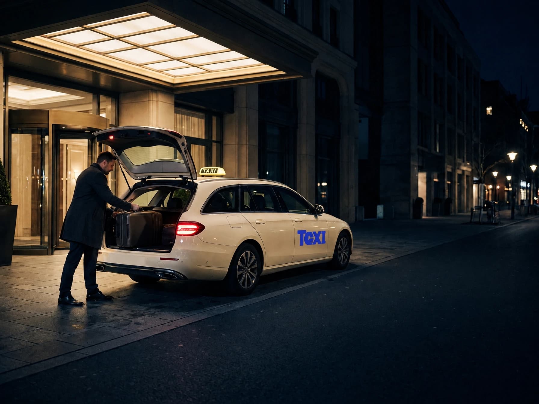 Ein Fahrer lädt Gepäck in den Kofferraum eines hellen Taxis vor einem beleuchteten Hoteleingang bei Nacht