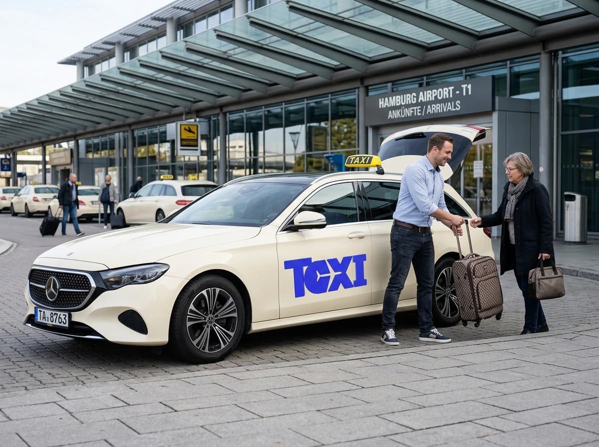 Vor der Ankunft von Terminal 1 am Hamburg Airport nimmt ein Fahrer einer Frau den Rollkoffer ab, daneben ein helles Taxi mit offenem Kofferraum