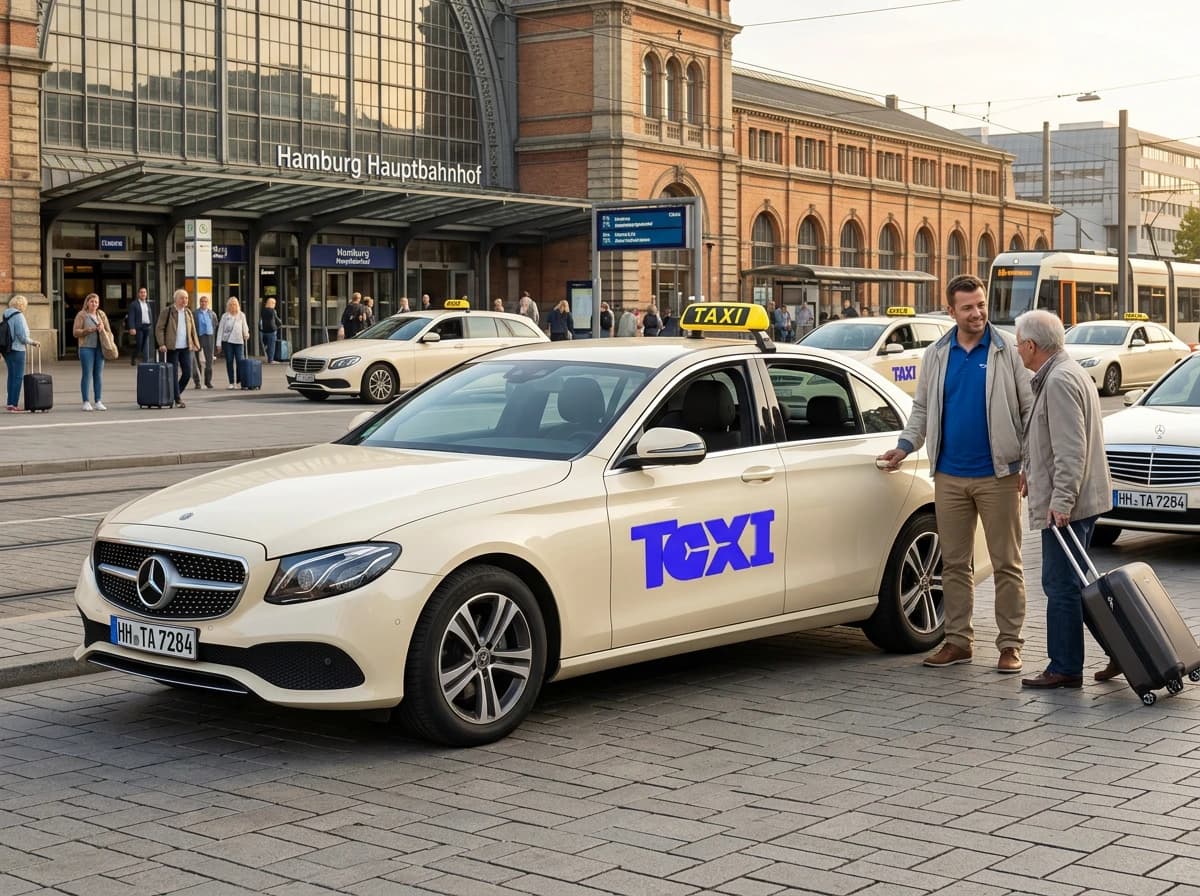 Helles Taxi vor dem Hamburger Hauptbahnhof, ein Fahrer spricht mit einem älteren Fahrgast mit Rollkoffer