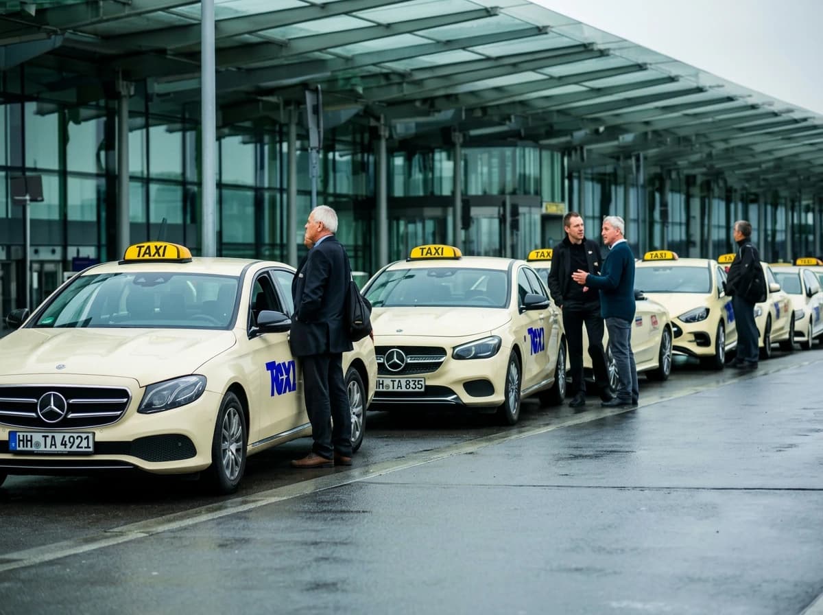 Reihe heller Taxis mit Dachschild vor einem Flughafenterminal, Fahrer im Gespräch auf dem nassen Vorplatz